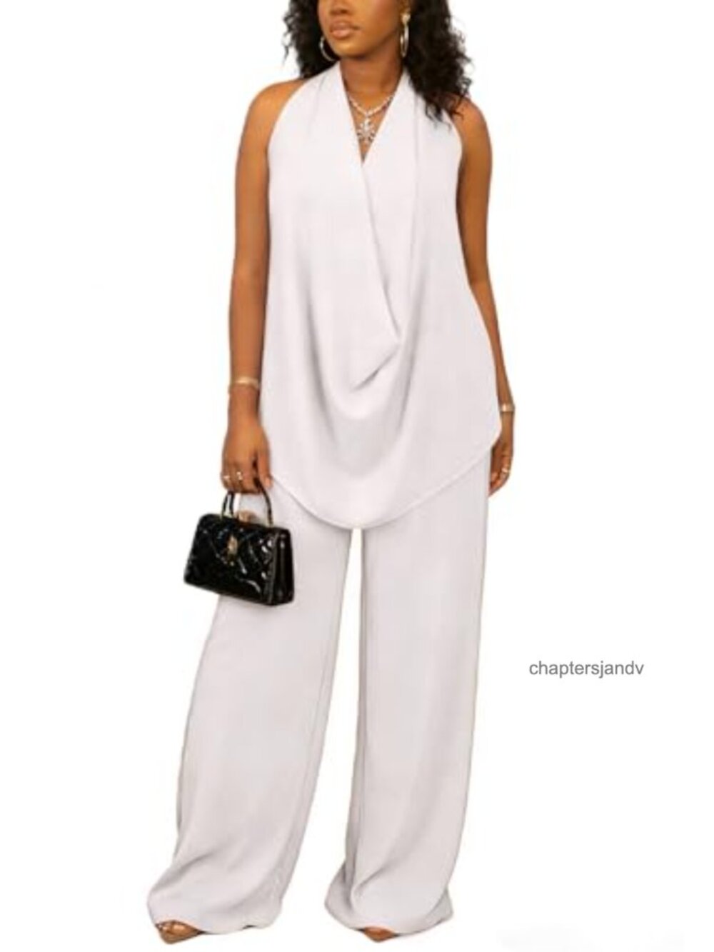 2 Piece Halter Top Wide Leg Pants Set Sleeveless Polyester Outfit